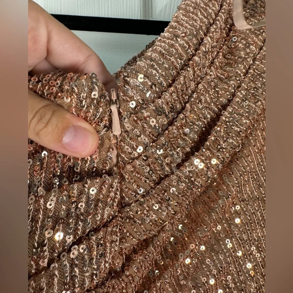 IEENA for Mac Duggal Sequin One-Shoulder Gown Copper Rose Gold Thigh Slit Size 4 - Picture 11 of 16